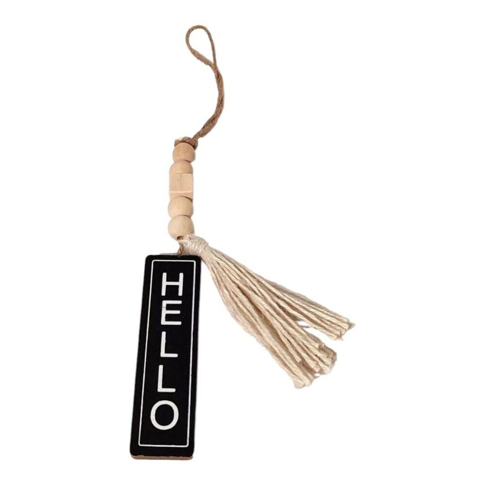 Old East Main Co Refined Rustic Hello Hanging Wall Door Sign Plaque Bead Tassel